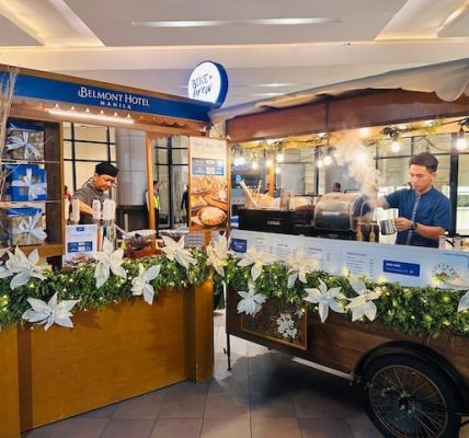 Simbang Gabi Favorites and the Bike + Brew kiosk at the Belmont Hotel Manila driveway.