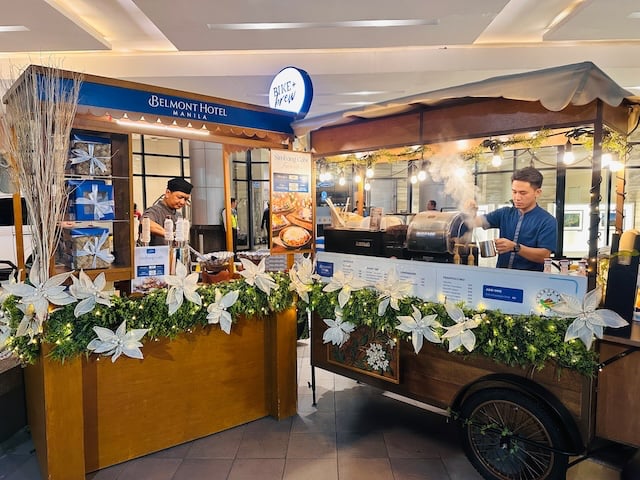 Simbang Gabi Favorites and the Bike + Brew kiosk at the Belmont Hotel Manila driveway.